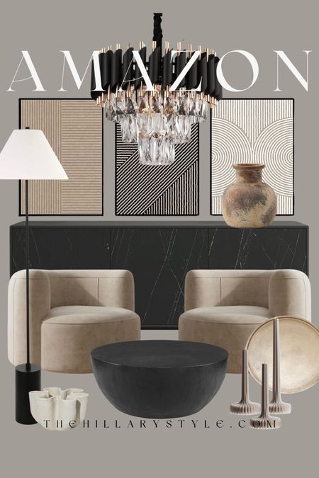 AMAZON Modern Home: Accent Chair, Marble Sideboard, Neutral Wall Art, Round Coffee Table, Candlesticks, Floor Lamp. 

#LTKstyletip #LTKSeasonal #LTKhome