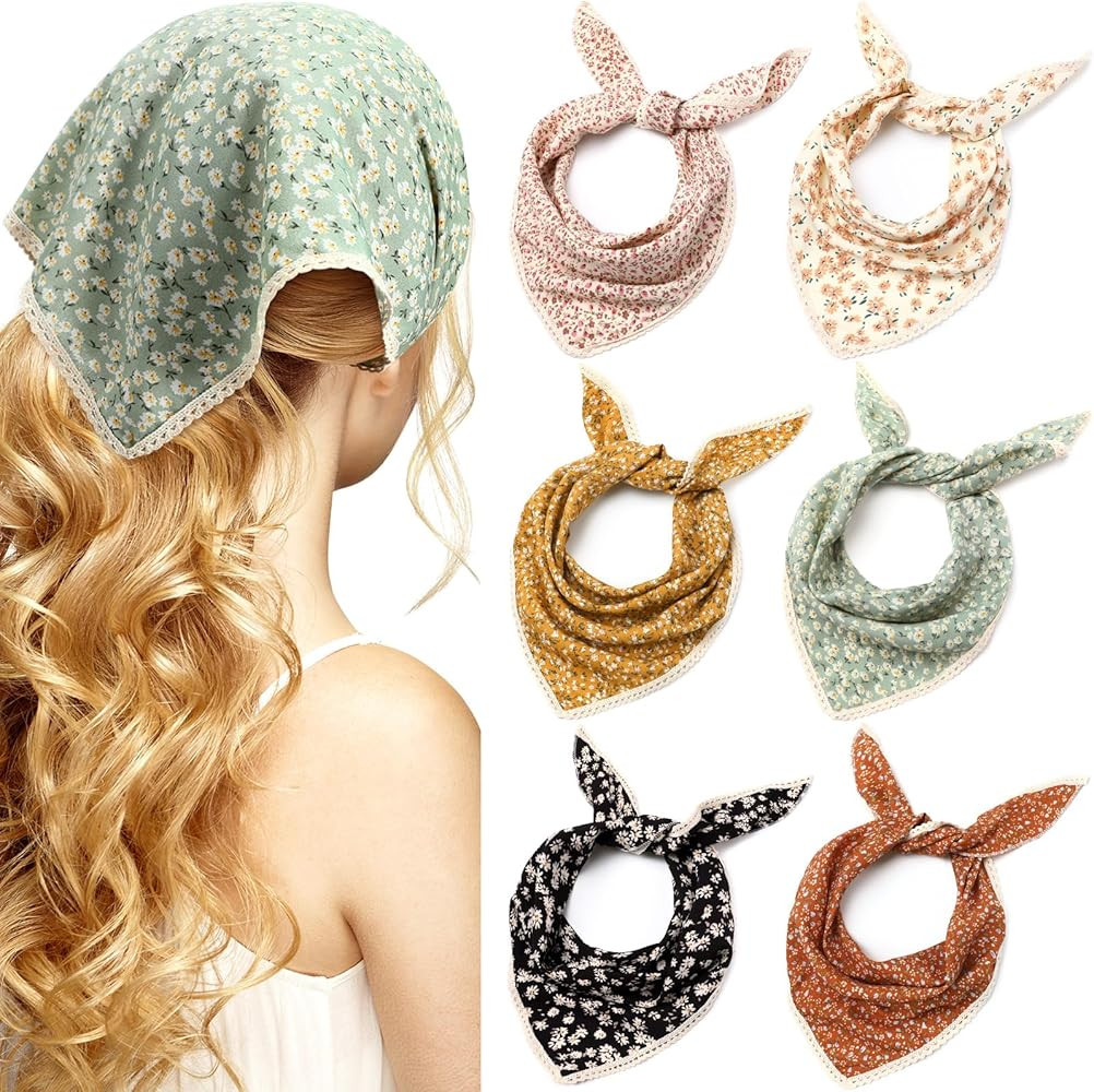 Dingion 6 Pcs Floral Hair Bandanas Head Kerchief Women Bandana Print Chiffon Hair Scarf Triangle ... | Amazon (US)