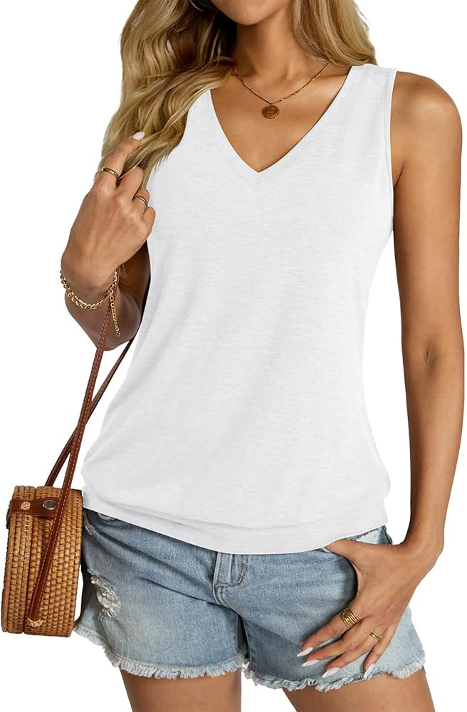 Micticsi Womens V Neck Tank Tops Sleeveless Banded Hem Shirts Loose Fit Summer Outfits Clothes 20... | Amazon (US)