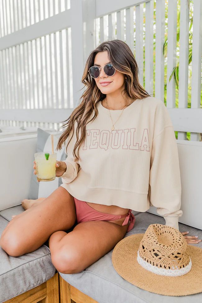 Tequila Block Cropped Corded Graphic Cream Sweatshirt | Pink Lily