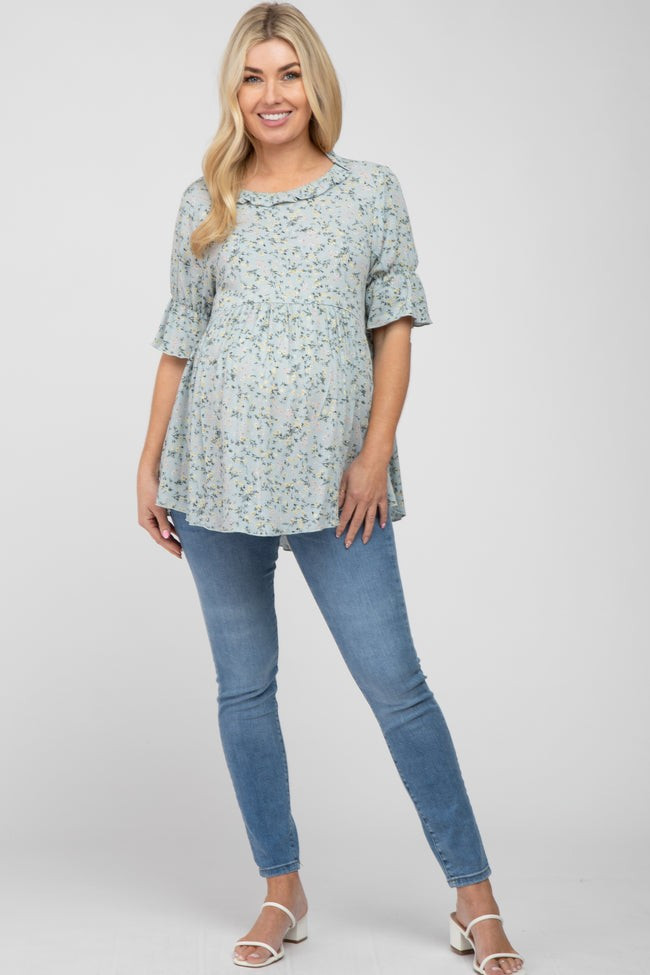 Light Blue Floral Ruffle Mock Neck Babydoll Maternity Top | PinkBlush Maternity