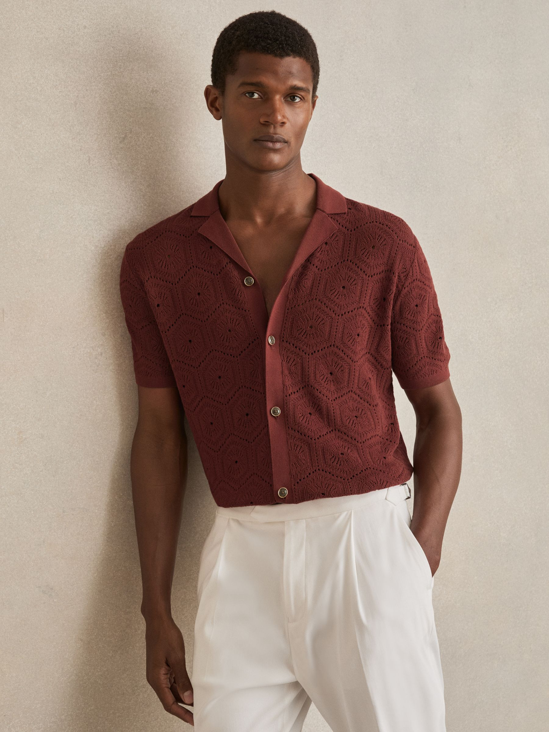 Reiss Pointelle Button-Through Shirt in Brick Red - REISS | Reiss UK