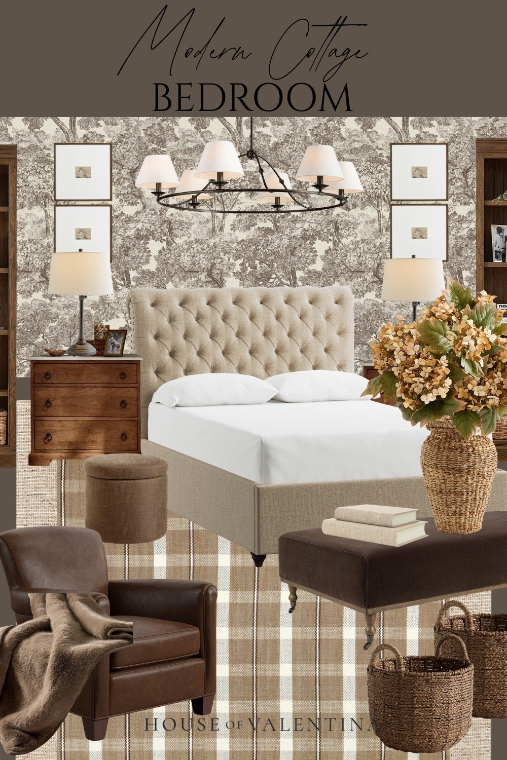 Guys, this one came together so beautifully! A modern cottage bedroom that feels like a deep breath — toile on the walls, a tufted bed you sink into, plaid underfoot, a worn leather chair in the corner. Layered, warm, a little old-fashioned. The kind of room you never want to leave.

#LTKHome #LTKSeasonal #LTKdayinmylife