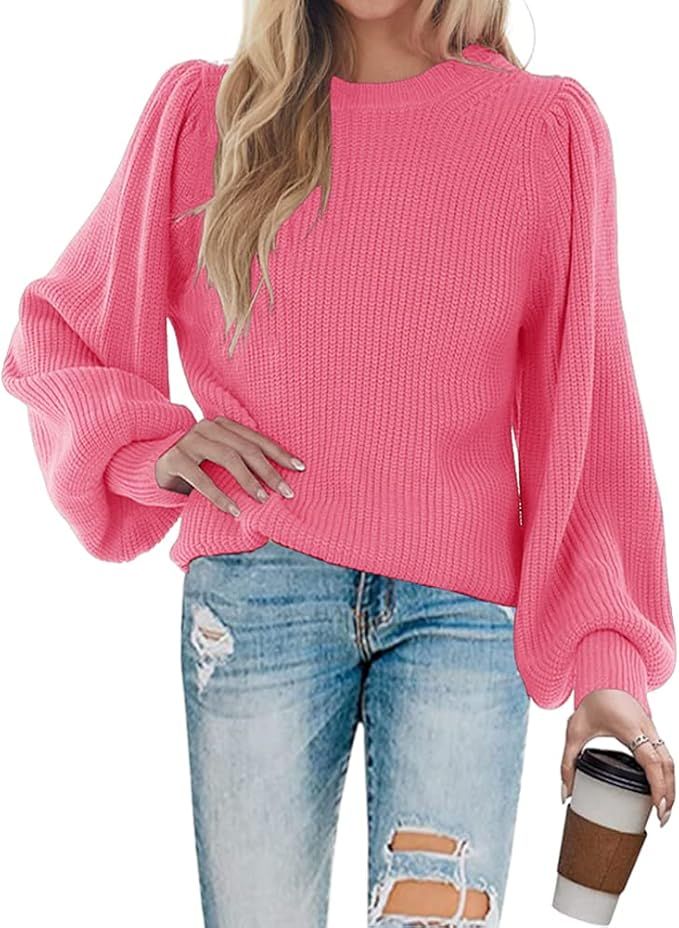 MaQiYa Women's Puff Long Sleeve Sweaters Oversized Crewneck Casual Fall Chunky Knit Loose Fit Pul... | Amazon (US)
