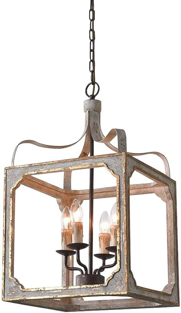 LOVEDIMA French Country Chandelier 4-Light Lantern Pendant Lighting Square Wood Metal Chandeliers... | Amazon (US)