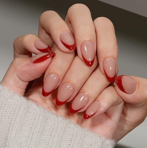 KQueenest Red French Tip Press On Nails Short Almond, 30 Pcs Acrylic Press On Nails With Glue, Glossy Soft Gel Short Fake Nails Press ons, Reusable Natural Nude Glue on Nails for Women Weddings | Amazon (US)