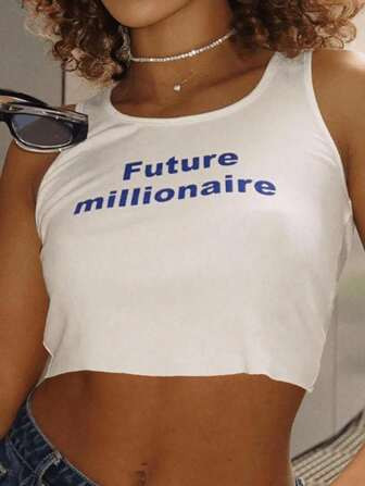 SHEIN EZwear Women Summer Italian Printed Crop Top Vest In Slim Fit White | SHEIN