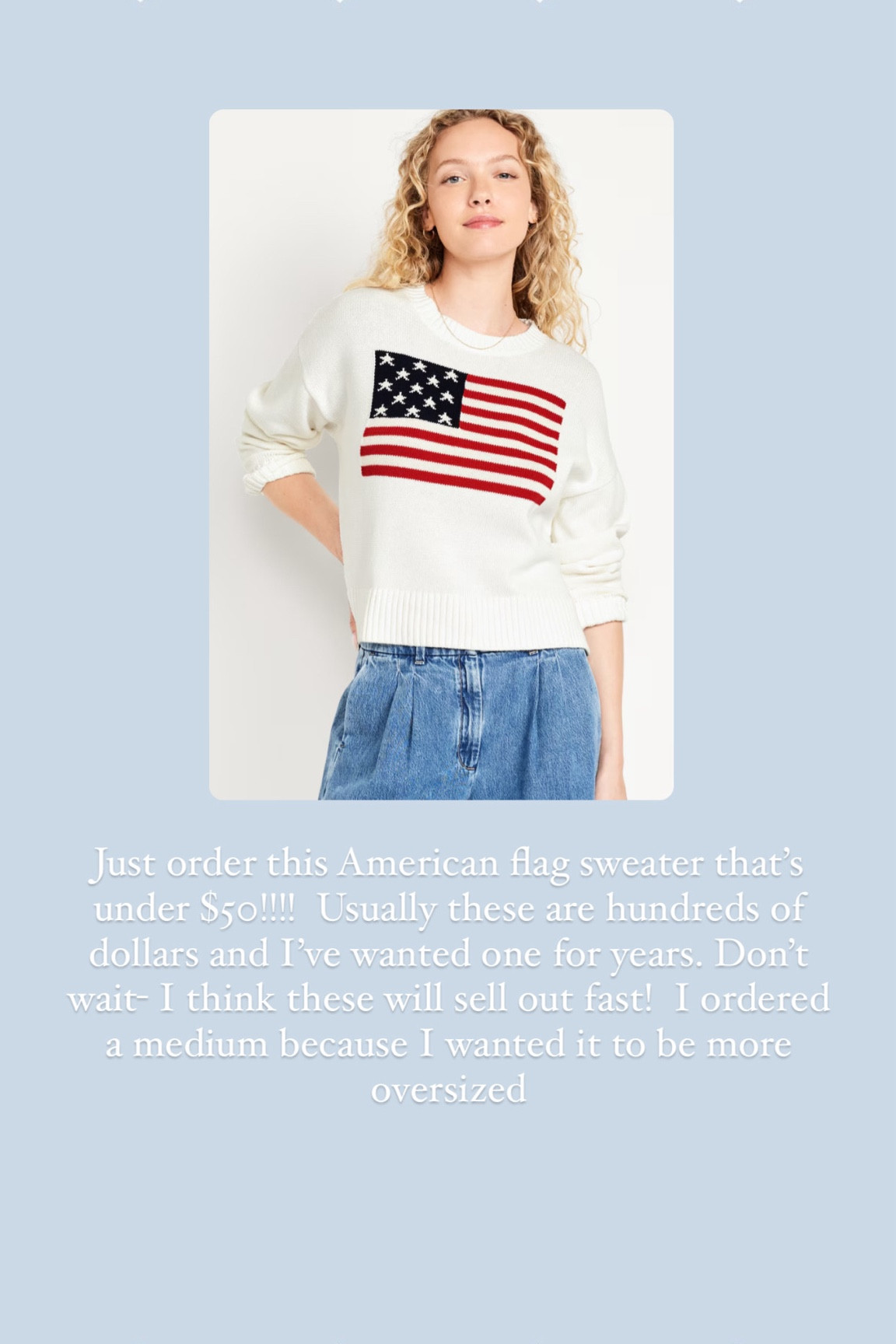 American flag sweater under $50!  I ordered a medium. Also comes in navy 

#LTKSeasonal #LTKfindsunder50