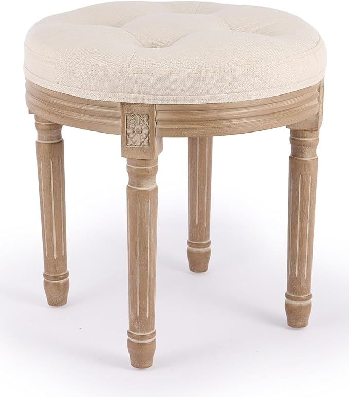 Vonluce Vintage Round Brushed Wood Stool with Diamond Tufting, 18-Inch, Beige | Amazon (US)