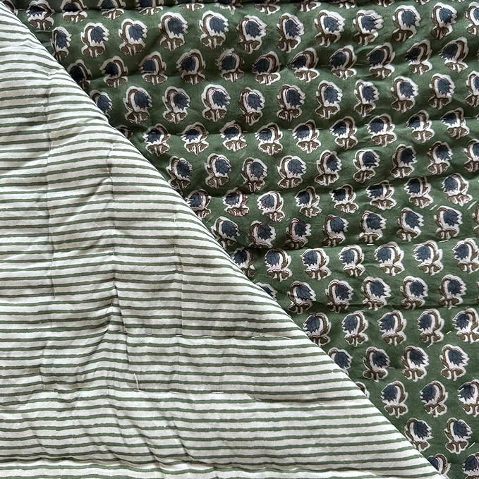 Ridhi Block Print Quilted Basil Green Reversible Throw Blanket 100% Cotton Quilt,Cover for Couch ... | Amazon (US)