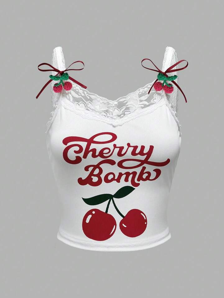 ROMWE Kawaii Casual Cherry Printed Contrast Lace Cami Top With 3D Cherry Decor, School | SHEIN