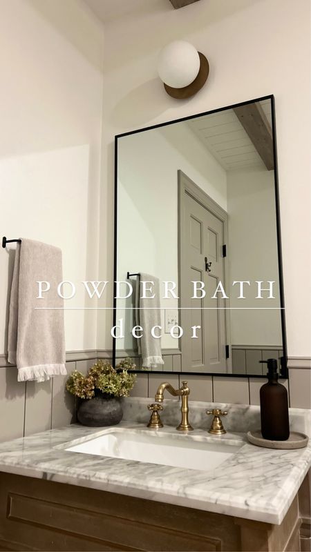 Powder Bathroom | bathroom vanity | bathroom mirror | bathroom sconce | bathroom lighting | vase | hydrangeas | towel bar | thin towel bar | hand towel with fringe | amber glass soap pump | tray | thin rectangle vanity mirror | amber interiors | Target | pottery barn | McGee & co | Walmart home | Amazon home 

#LTKsalealert #LTKhome #LTKfindsunder50