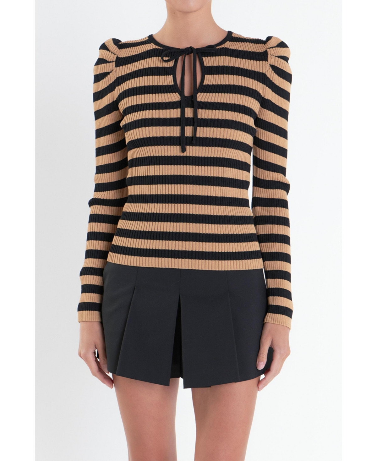 English Factory Women's Stripe Bow Knit Top - Tan/black | Macy's