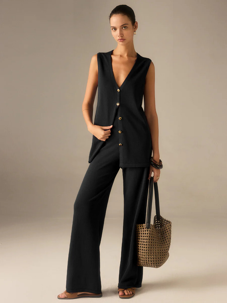 Golden Button Knit Vest Pants Set | Commense
