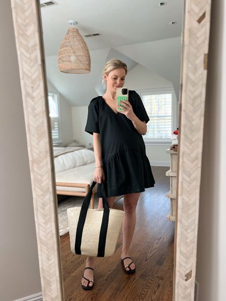 Little black dress is only $30 and bump friendly! I’m 35wks and wearing my normal size small. Sandals fit tts 

spring dress, vacation outfit, beach tote, summer sandals @target @targetstyle #targetpartner #ad #Target 

#LTKfindsunder50 #LTKbump #LTKshoecrush