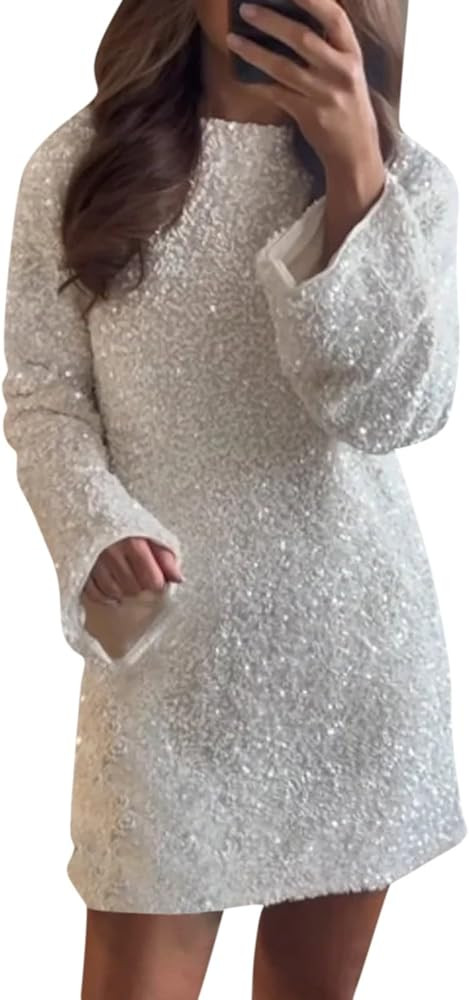 Women's Dresses 2024 Round Neck Long Sleeve Sparkling Sequin Dress Backless Bow Sexy and Cute Par... | Amazon (US)