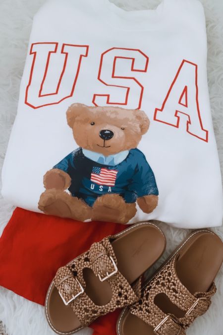 The softest and cutest sweatshirt is on sale for only $15!! USA bear sweatshirt, summer sandals, Target, Target style, 

#LTKSaleAlert #LTKFindsUnder50 #LTKShoeCrush