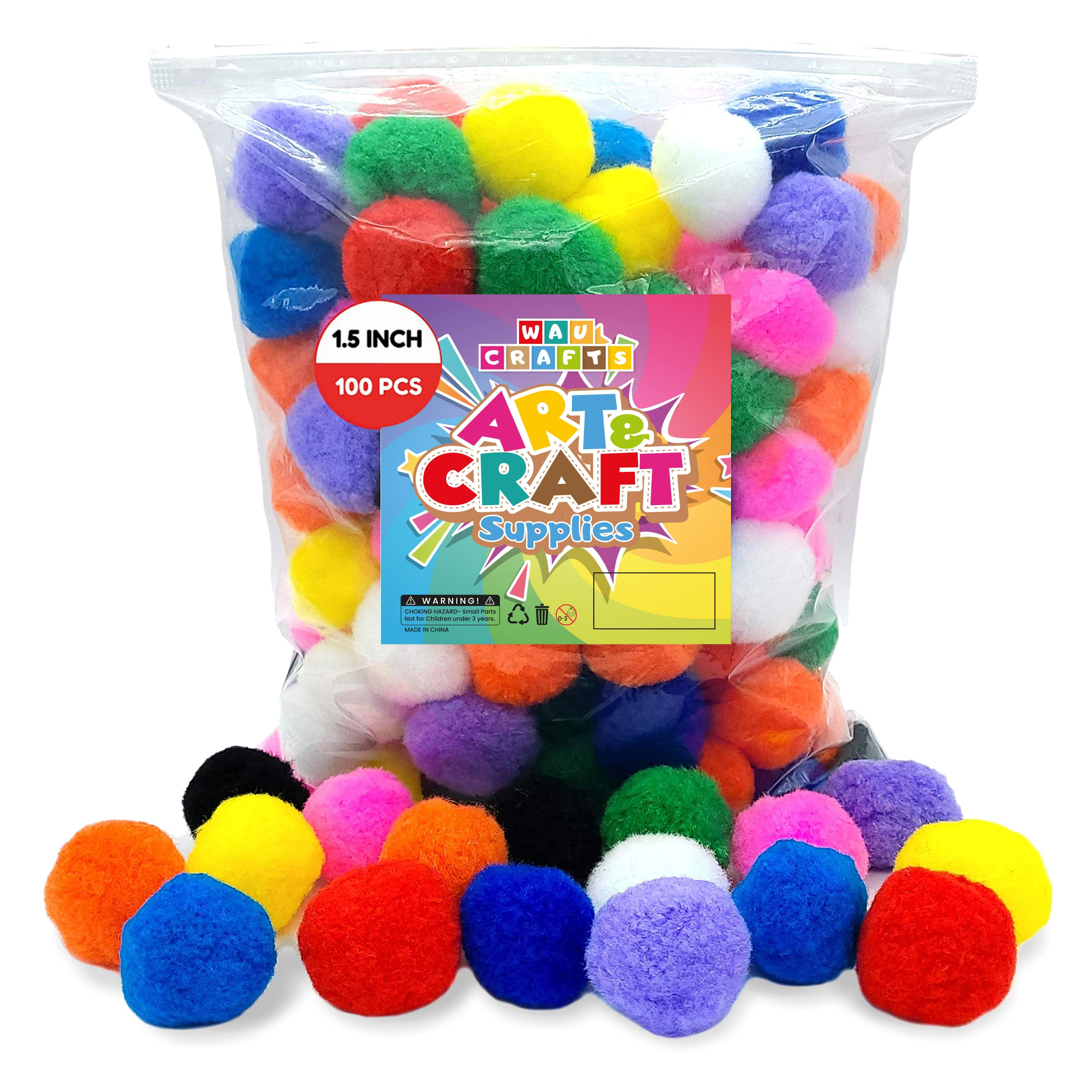 WAU Craft Pom Pom Balls - 100pcs 1.5 inch Multicolored Large Pompoms for Crafts Art DIY Project i... | Amazon (US)