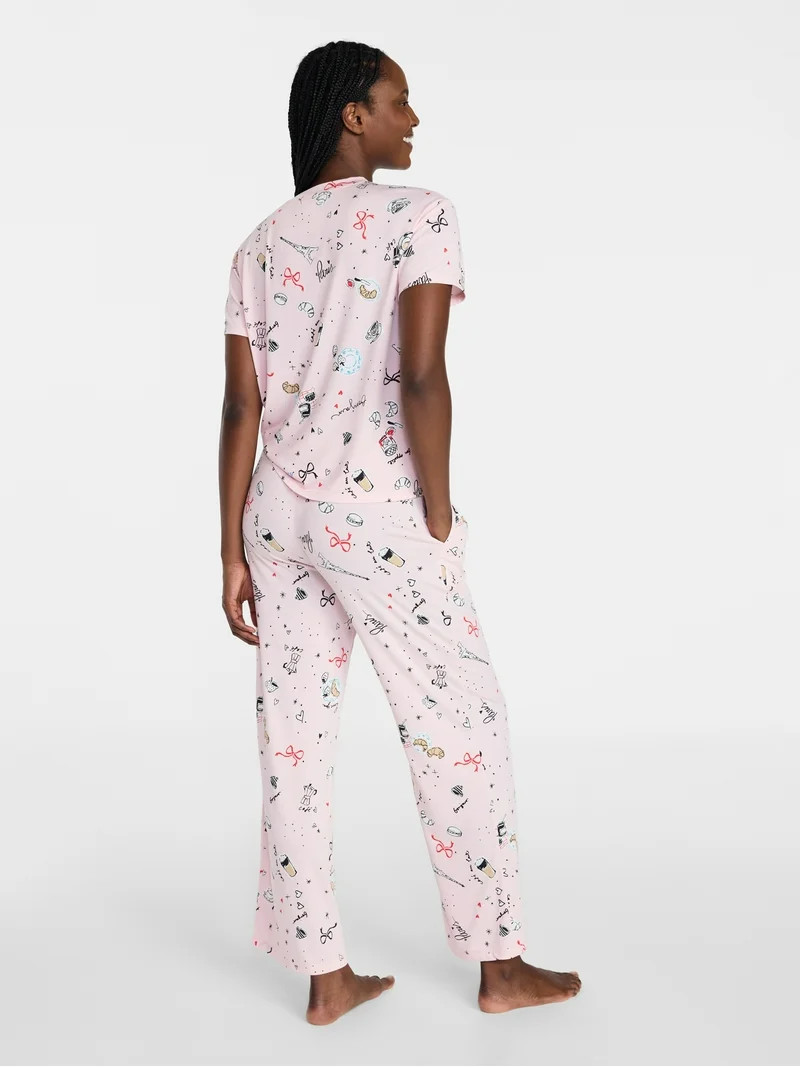 Joyspun Women's Dreamy Soft Collection Short Sleeve Sleep Top and Open Leg Pants Pajama Set, 2-Pi... | Walmart (US)