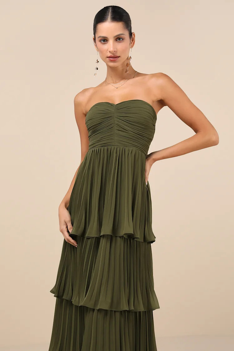 Seriously Sensational Olive Green Strapless Tiered Maxi Dress | Lulus