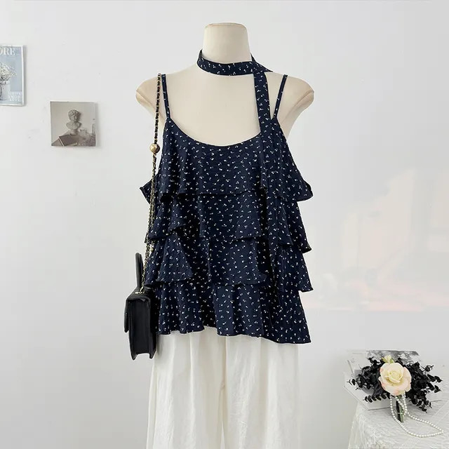 Lemongrass - Set: Scoop Neck Floral Print Tiered Ruffle Open Back Cami Top + Skinny Scarf | YesStyle.com