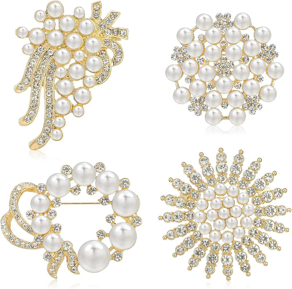 4pcs Brooches and Pins for Women, Flower Brooch, Crystal Pearl Brooch, for Women Fashion Accessor... | Amazon (US)