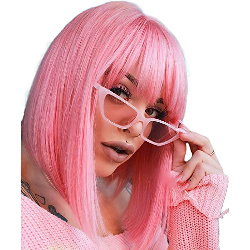 AISI BEAUTY Pink Bob Wigs with Bangs 12 Inch Short Straight Bob Wigs Colorful Synthetic Cosplay Daily Party Wig for Women | Amazon (US)
