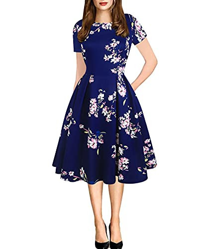 oxiuly Women's Vintage Floral Wedding Prom Party Cocktail Dresses Elegant Church Tea Casual Dress with Pockets OX165 (NB PinkF, S) | Amazon (US)