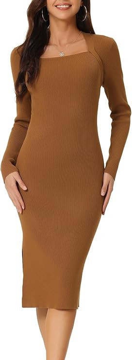 Seta T Women's Spring Fall Slit Hem Long Sleeve Ribbed Knit Dresses Square Neck Sweater Dress | Amazon (US)