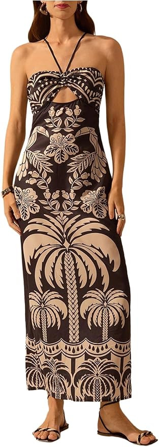 SHENHE Women's Tropical Print Halter Maxi Dress Cutout Tie Backless Split Hem Boho Sundress | Amazon (US)