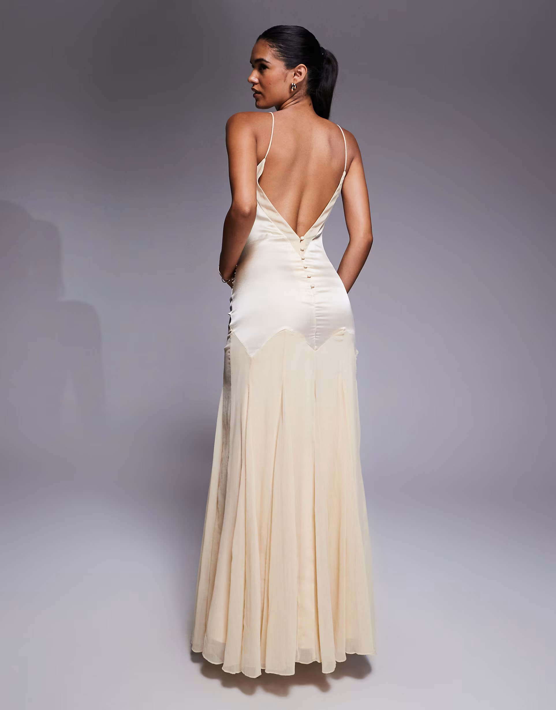 ASOS DESIGN dropped waist satin and chiffon mix maxi dress with full godet skirt in buttermilk | ASOS (Global)