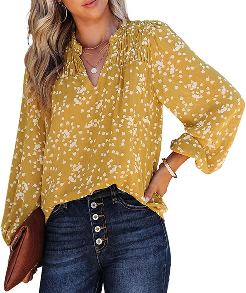 PRETTYGARDEN Womens Floral Spring Tops 2025 V Neck Long Sleeve Blouses Dressy Casual Boho Chiffon... | Amazon (US)