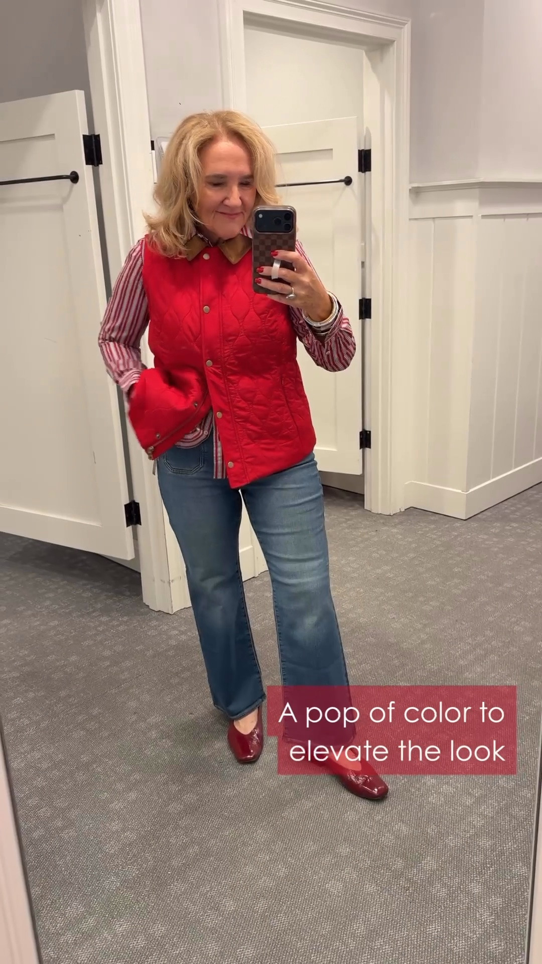 Now this is a fun way to wear red! That quilted vest adds a little personality to a striped shirt and jeans, and I like how the red shoes tie it all together.