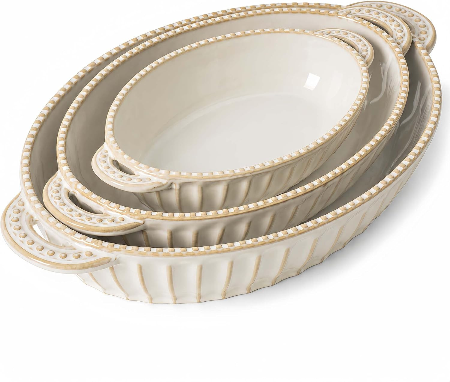 Casserole Dishes for Oven, Ceramic Baking Dishes Set, Oval Hobnail Bakeware Set of 3, 9.25"/12.28"/14.37" Baking Dishes with Handle, Deep Lasagna Pan for Roasting, Holiday Dinner, Wedding Gifts, Arctic White | Amazon (US)