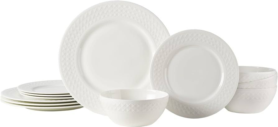 Mikasa Patterson Vegan Bone China Chip Resistant 12 Piece Dinnerware Set, White, Ashlyn, Service ... | Amazon (US)