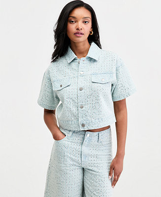 Women's Sequin Destructed Denim Short-Sleeve Shirt | Macy's