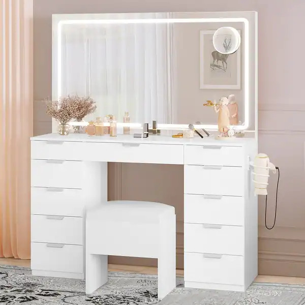 46'' Vanity Desk Set with Large LED Lighted Mirror Power Outlet Makeup Vanity with 11 Drawers and... | Bed Bath & Beyond