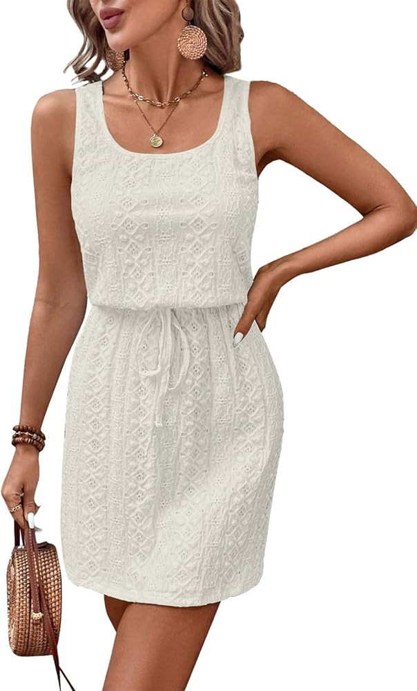 Acelitt Spring Summer Tank Dresses for Women 2025 Hollow Out Textured Drawstring Mini Dress | Amazon (US)