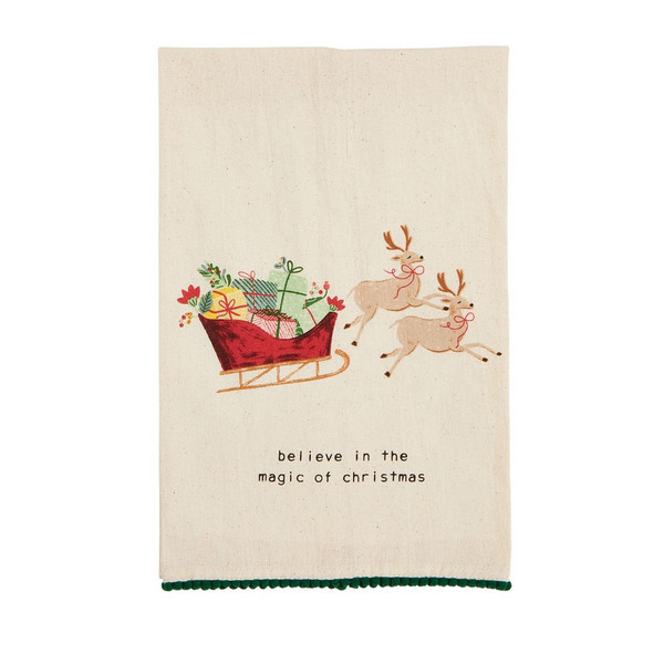 Mud Pie Sleigh Pom Towel in Red | 100% Cotton | Mud Pie