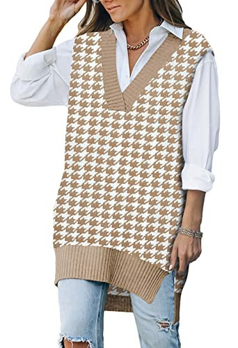 Kisscynest Women's Houndstooth Sweater Vest Oversized V Neck Knitted Pullover Top S | Amazon (US)