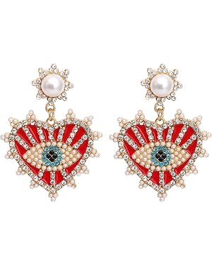 Evil Eye Earrings-Statement Heart Crystal Drop Earrings for Women, Big Dangle Earrings | Amazon (US)