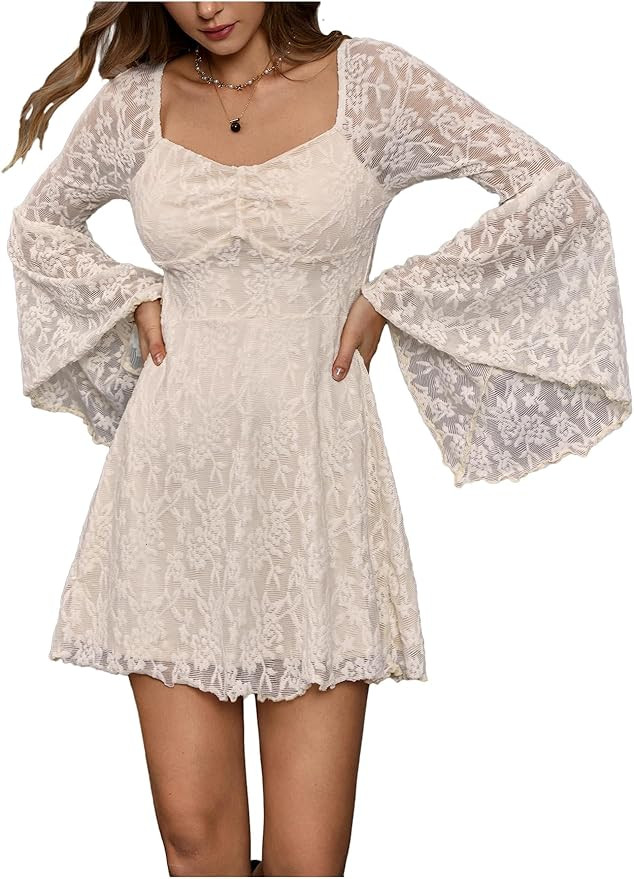 WDIRARA Women's Floral Jacquard Mesh Gothic Dress Bell Long Sleeve A Line Vintage Dresses | Amazon (US)