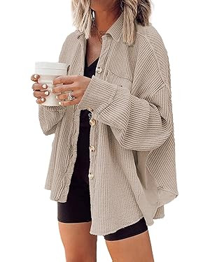 Nirovien Womens Waffle Knit Shacket Oversized Button Down Shirt Jacket Lightweight Long Sleeve To... | Amazon (US)