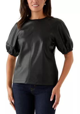 Crown & Ivy Women's Short Sleeve Leather Top, Black, Medium | Belk