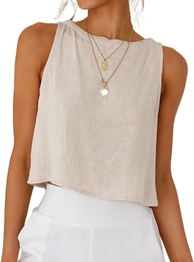 IDEALSANXUN Womens Linen Crop Tank Tops Cute Summer Sleeveless Cropped Linen Tops | Amazon (US)