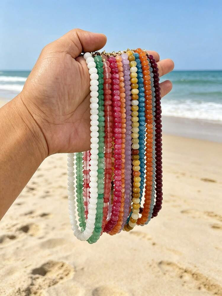 1pc Bohemian Style Round Geometric Natural Stone Crackle Effect Beaded Necklace With Stainless Steel Accessories, Suitable For Summer Beach Vacation | SHEIN