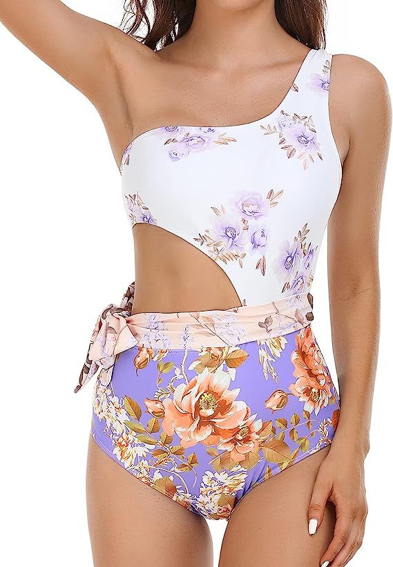 MISSKY Bathing Suit for Women One Piece Tummy Control Bikini Waist Bow Tie Monokini Floral Print ... | Amazon (US)