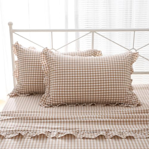 K MASANIJI 2 Pack Taupe White Plaid Ruffle Gingham King Size Pillow Shams, 100% Yarn-Dyed Washed ... | Amazon (US)