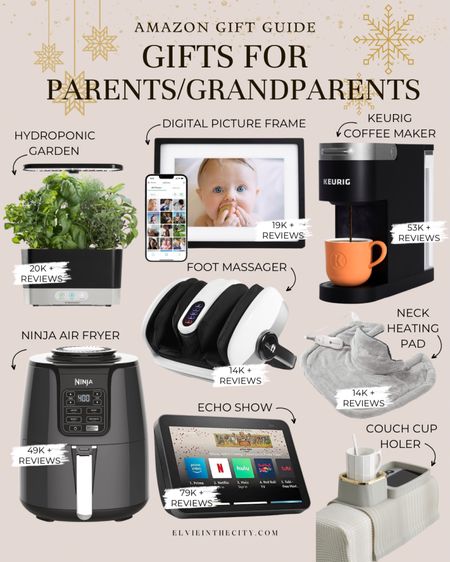 Amazon gift guide for parents/grandparents, with a high review count over 10k! Ideas include an AeroGarden, digital picture frame, Keurig single serve coffee maker, foot massager, air fryer, Echo Show, and neck and shoulder heating pad, and a couch cup holder tray. 

Gift guide, gifts for mom, gifts for dad, grandparents, parents, Amazon home

#LTKHoliday #LTKfindsunder50 #LTKfindsunder100