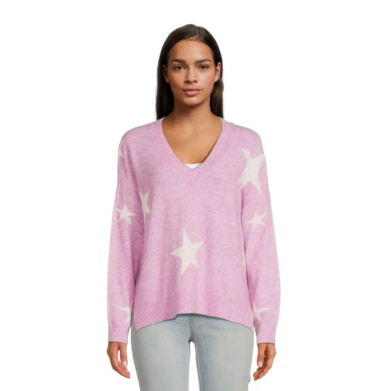 Dreamers by Debut Womens Oversized V-Neck Long Sleeve Pullover Sweater | Walmart (US)
